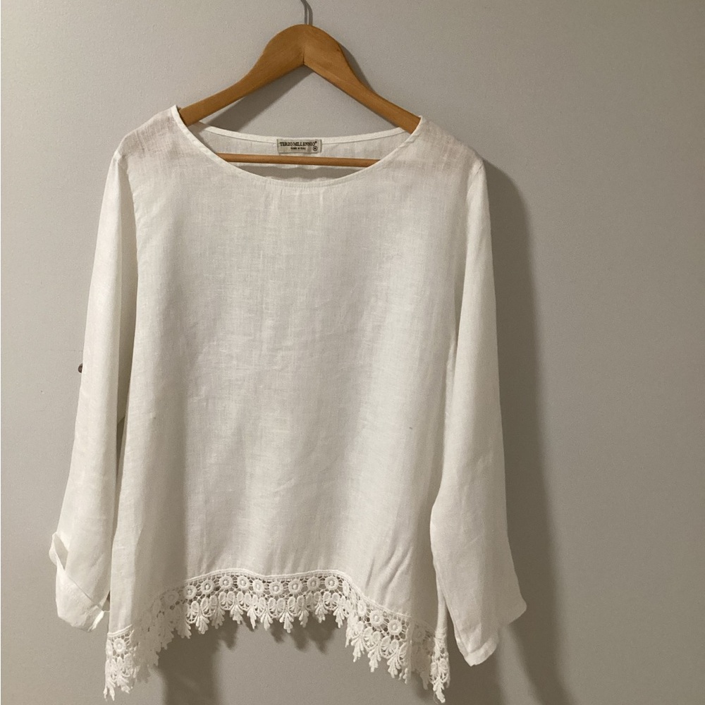 Elegant White Lace Hem Blouse - Picture 1 of 8